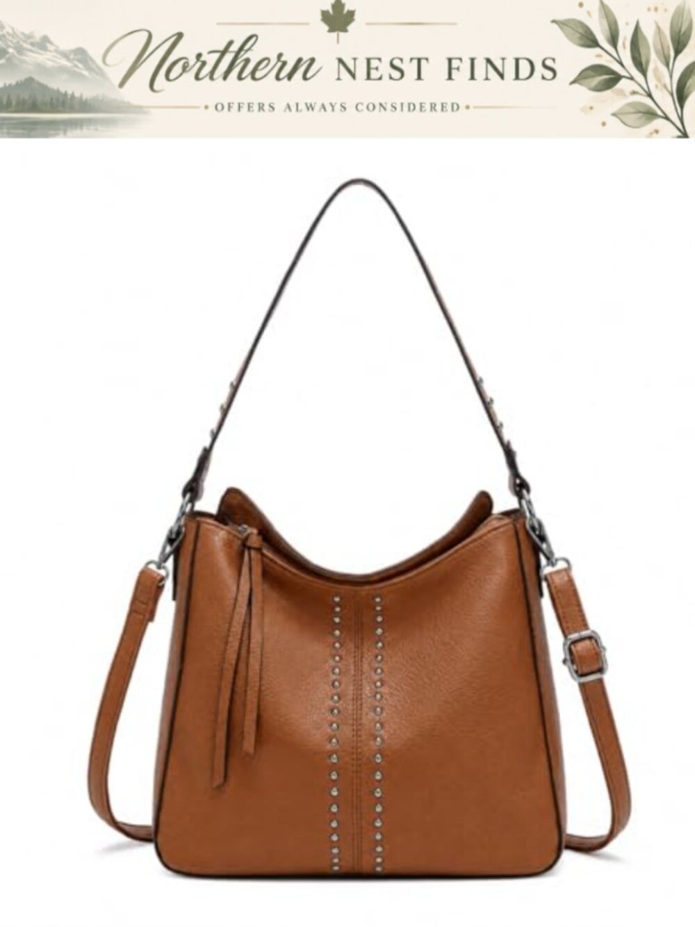 PU Leather Hobo Handbag Women Shoulder Crossbody Bag Metal Stud Accents